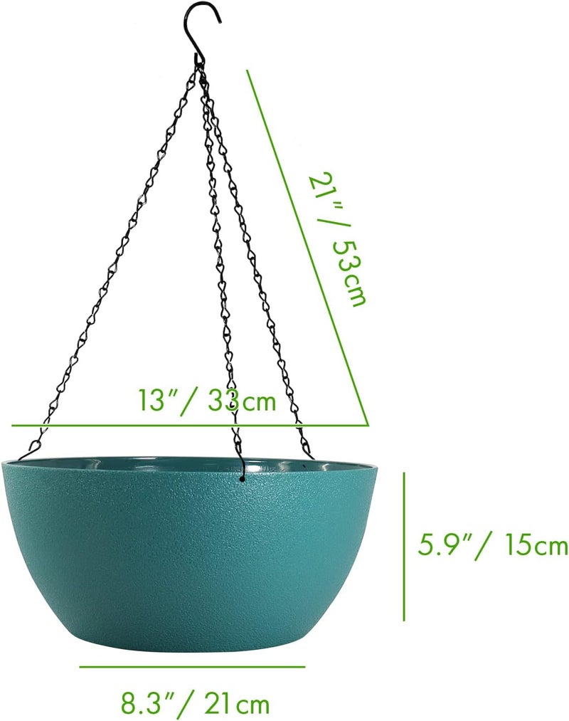 WOUSIWER 13 inch 2 Pack Large Hanging Planters for Indoor Outdoor Plants with Drainage Holes and Chain, Round Hanging Flower Pots for Garden Home Porch Decor, Myrtle Green - Image 2